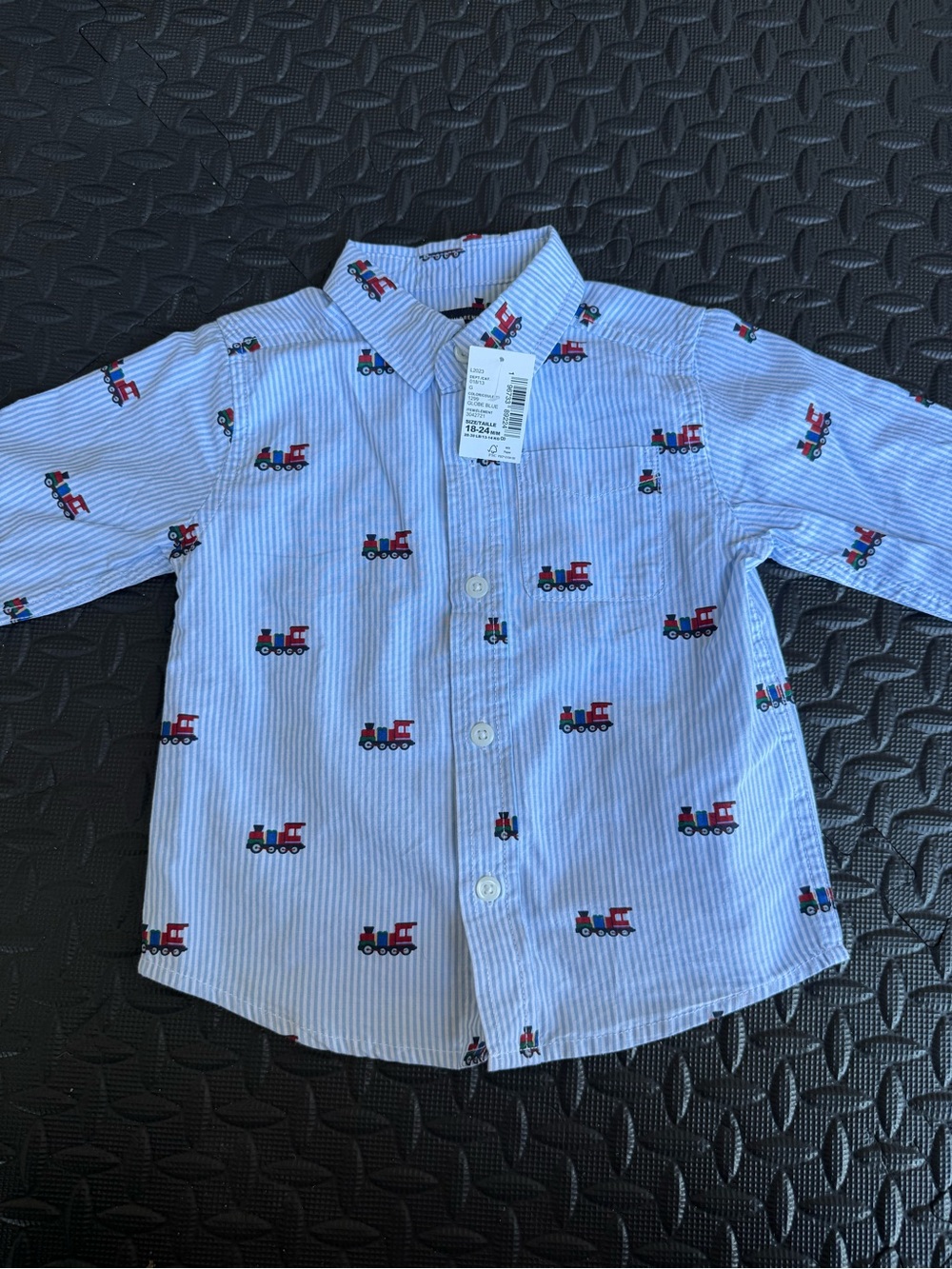 The Children's Place Light Blue Striped Button-Down with Red Train Print